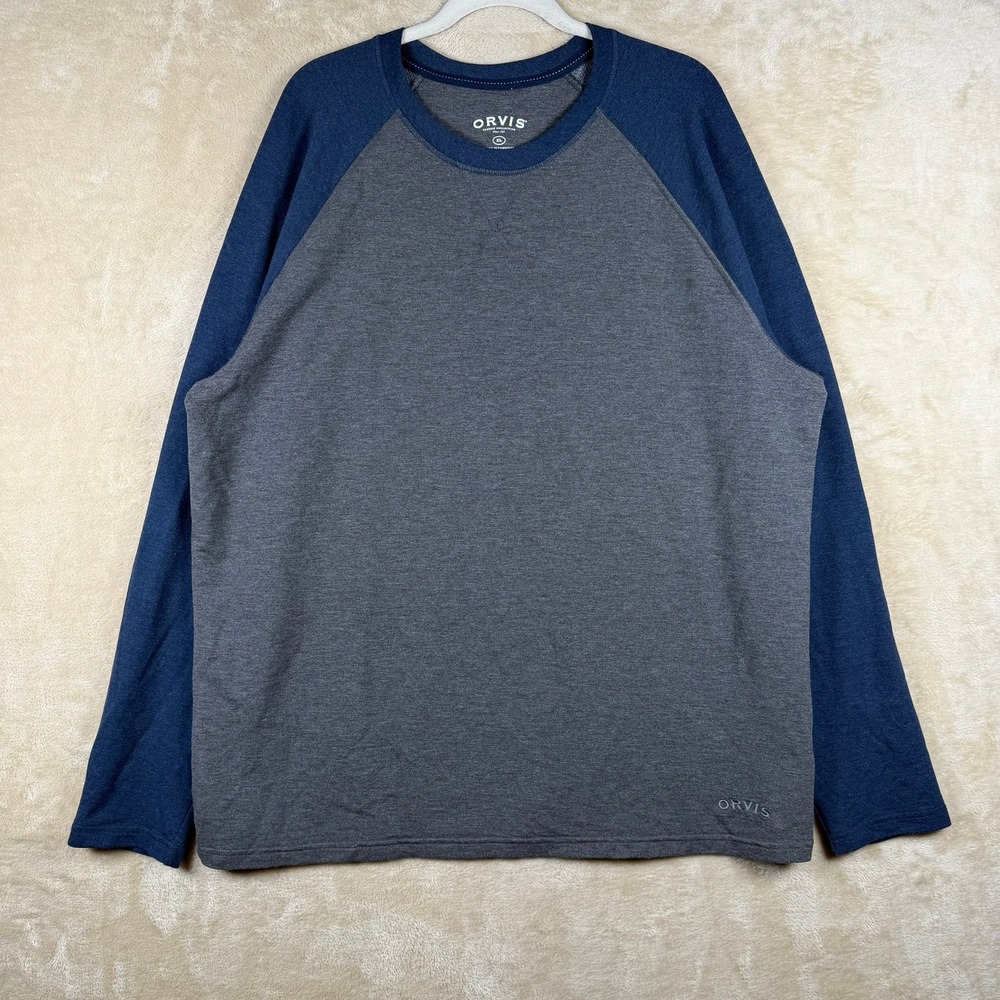 Orvis Mens XL Raglan Long‎ Sleeve Shirt Grey Blue Heathered Rayon Blend 1315110